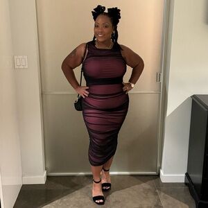 Fashion Nova Pink and Black Overlay Bodycon Midi Dress